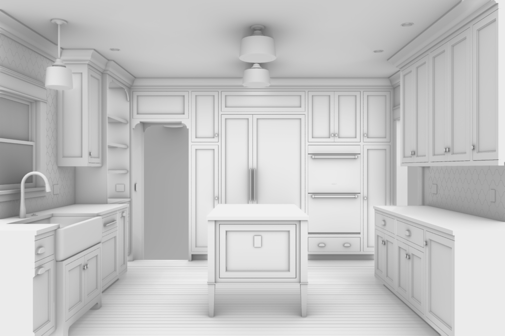 This drawing shows how Christie Architecture draws and models a kitchen during the design process so our clients can see exactly how their fridge will look in their new kitchen.