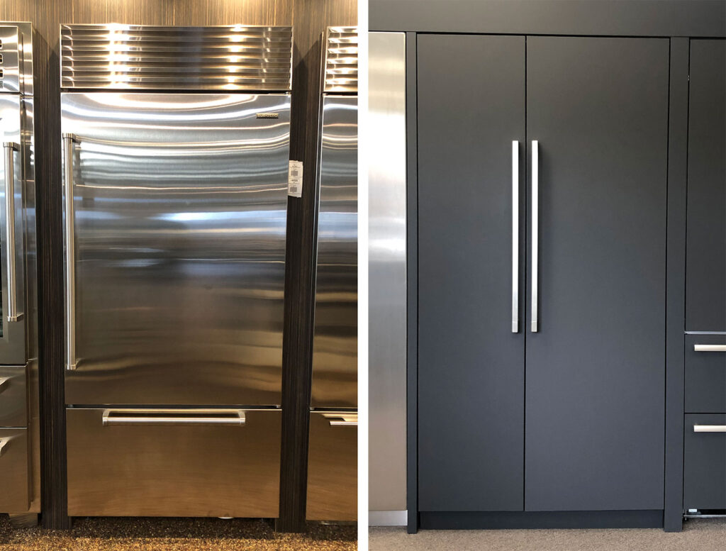 The fridge on the left is a classic style and the fridge on the right is fully integrated.
