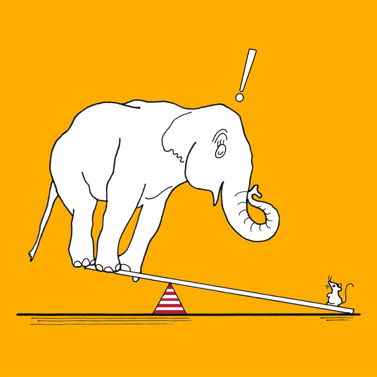 A small mouse lifts a big elephant on a teeter totter.