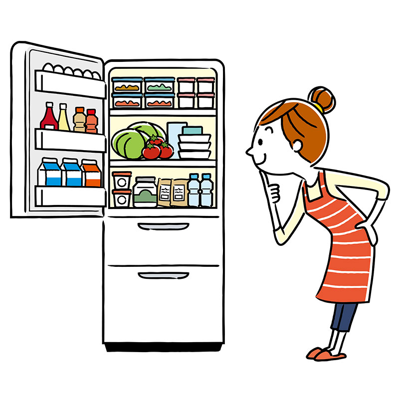 This is a cartoon drawing of a lady looking in her fridge.
