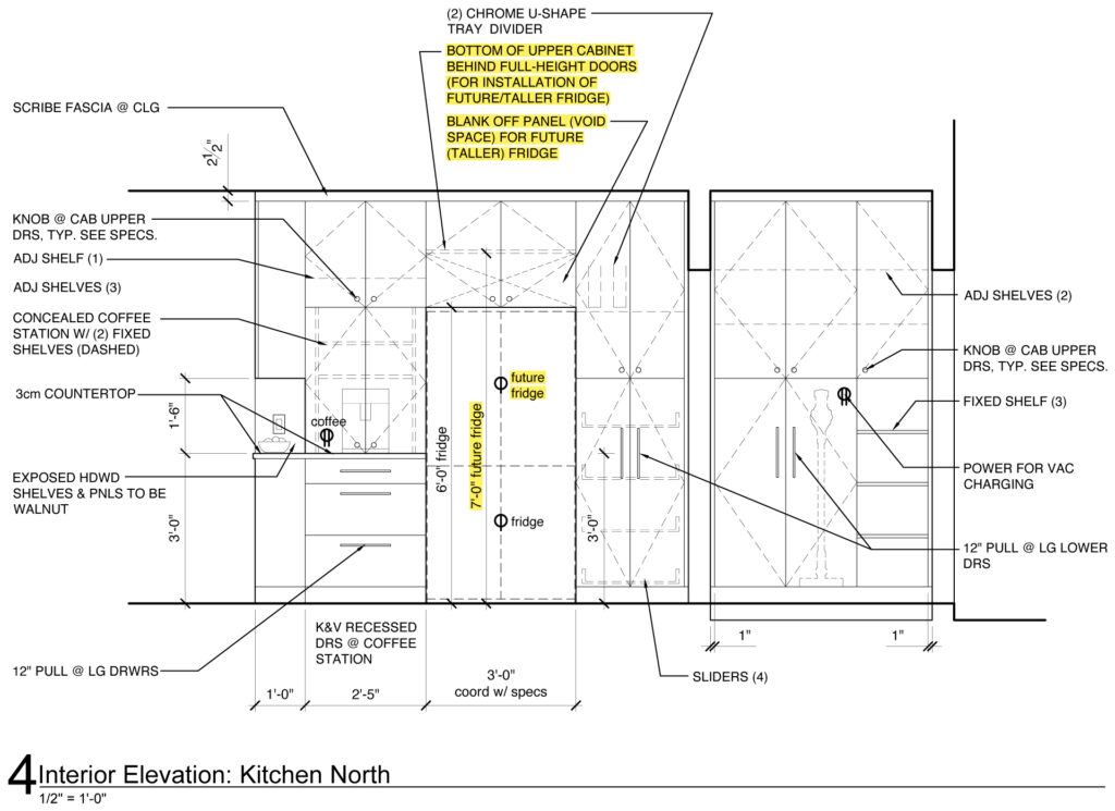 This drawing shows pre-planning for a larger, built-in fridge to be installed in the future.