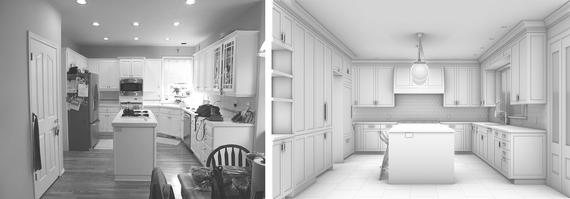 The photo on the left is the kitchen before renovations and the photo on the right is the kitchen after renovations.