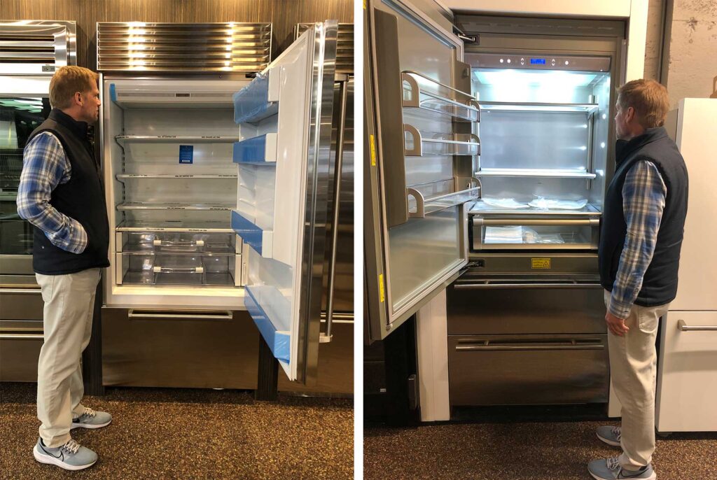 The fridge on the left has a top compressor and the fridge on the right has a bottom compressor. A six-foot tall man can see the top shelf in the fridge with the top compressor, but he cannot see the top shelf in the fridge with the bottom compressor.