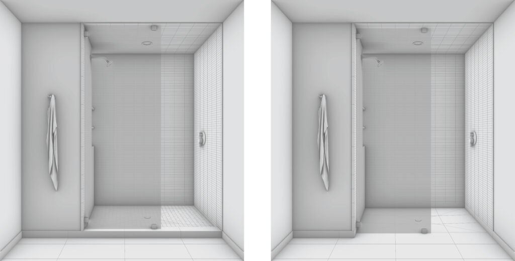 This is a side by side comparison showing a traditional curbed shower on the left and a and a walk-in shower on the right.