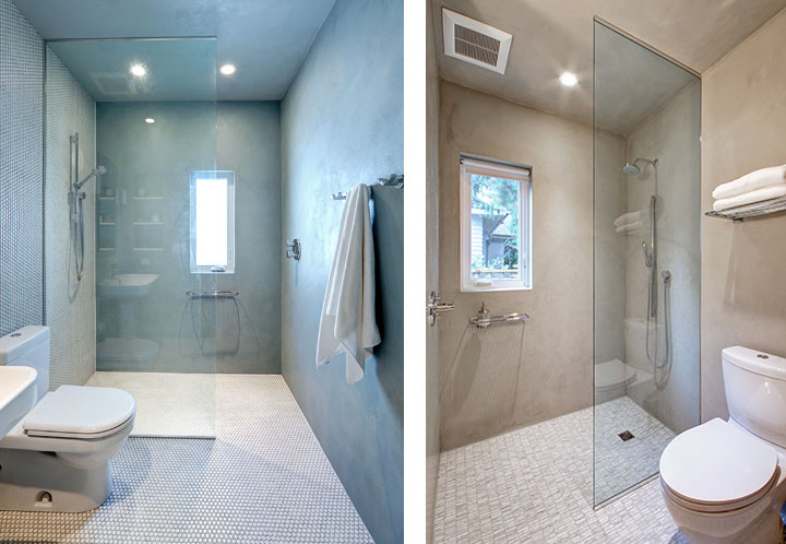 These are both early examples of walk-in showers by Christie Architecture.