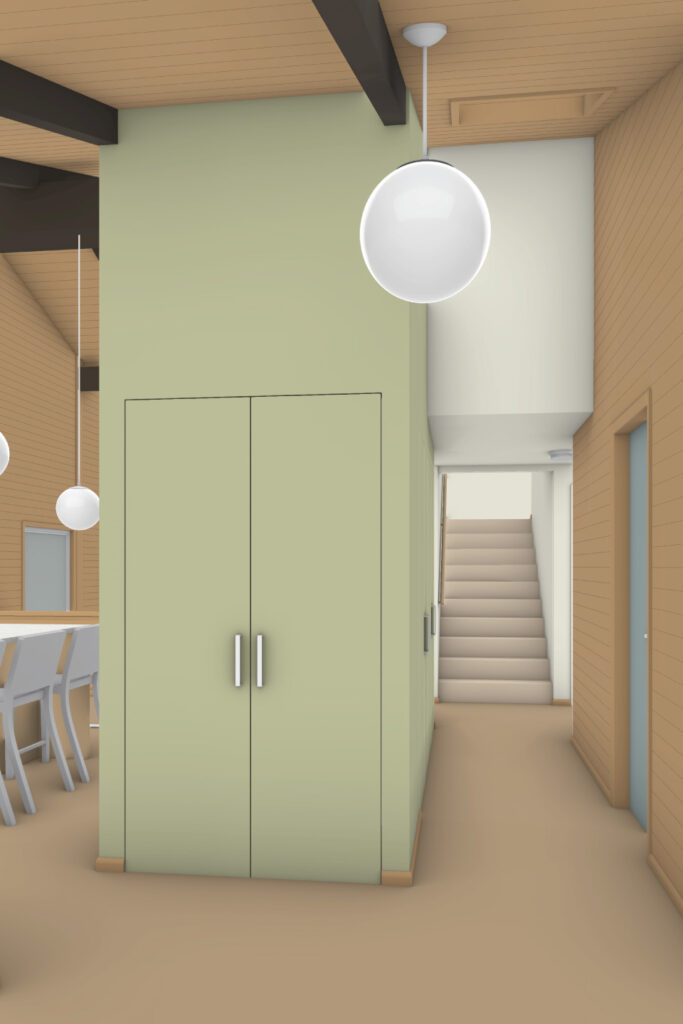 The proposed entry is open to the rest of the house and features a green-painted storage volume.