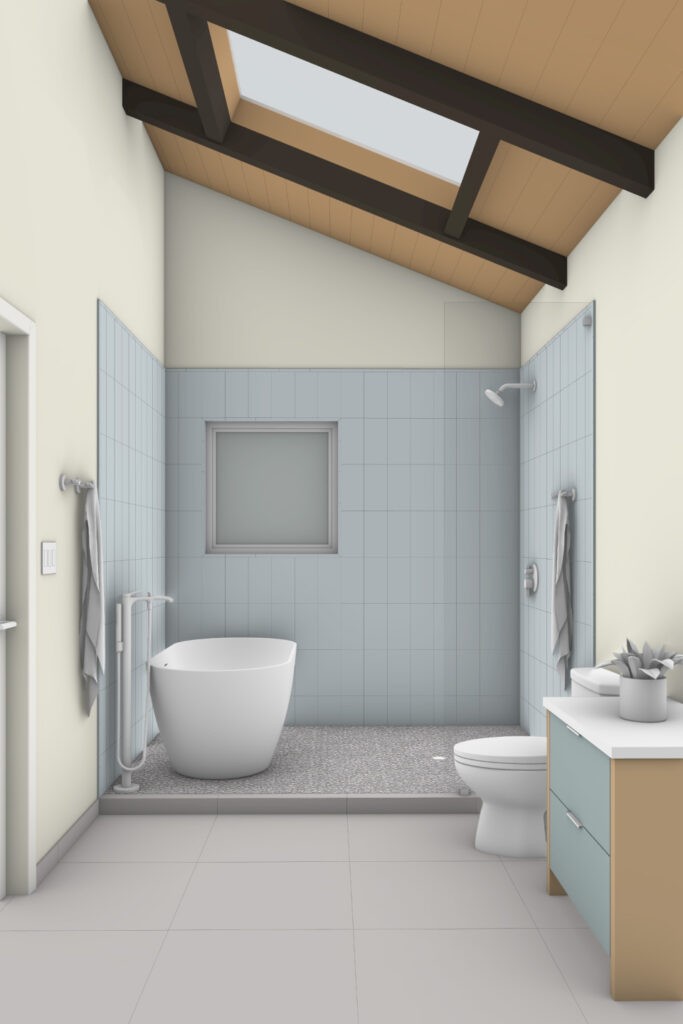 This is a view of the primary bathroom at Manzanita Beach House, looking towards the shower and bathing area.