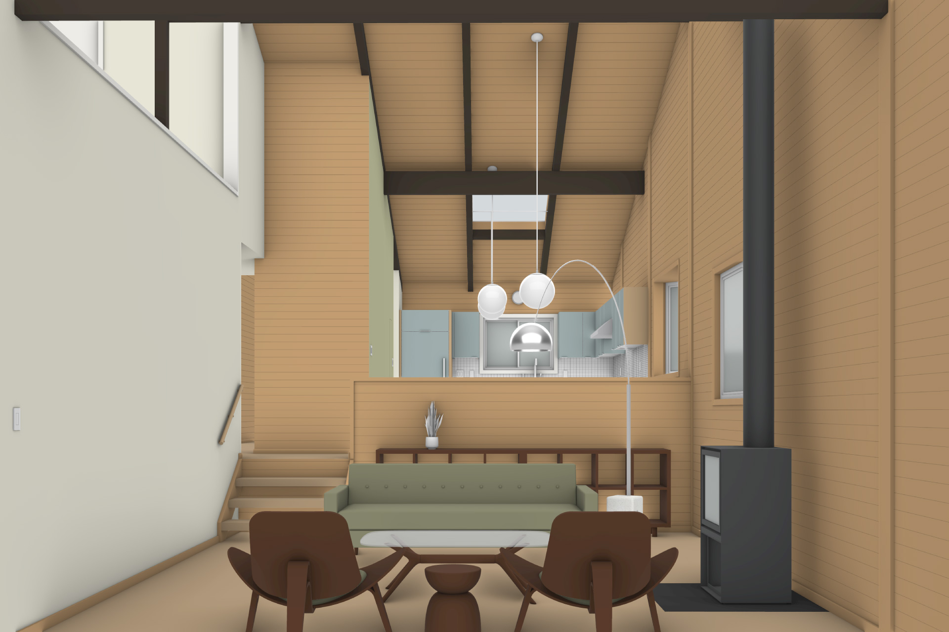 This is a view of the living room, dining room, and kitchen at Manzanita Beach House.