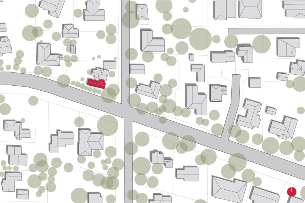 Vicinity plan showing primary suite addition highlighted in red next to the existing house.