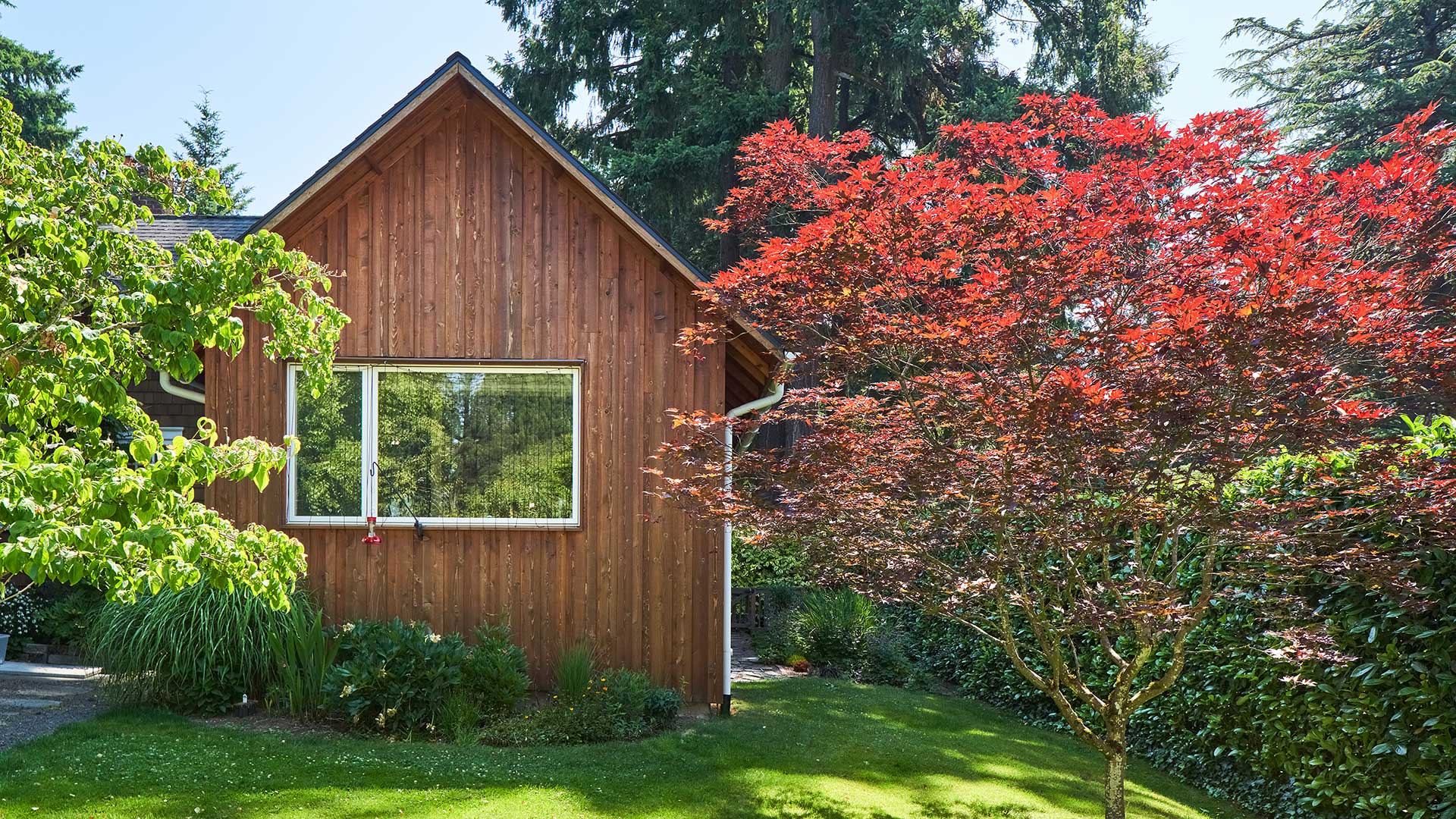 This primary suite addition features a large window in the Zen Room that faces the backyard.