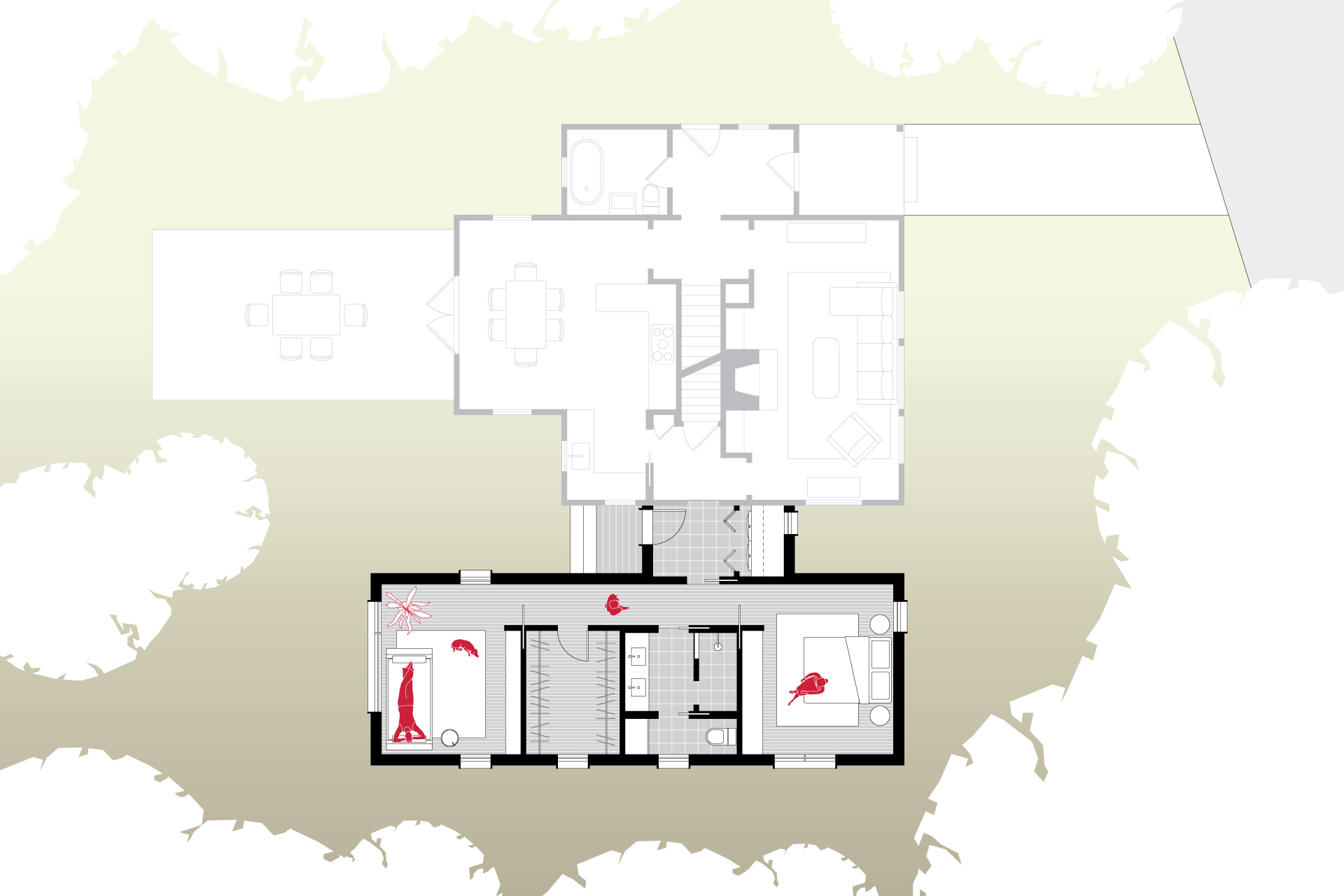 The plan drawing shows the new primary suite addition next to the existing house.