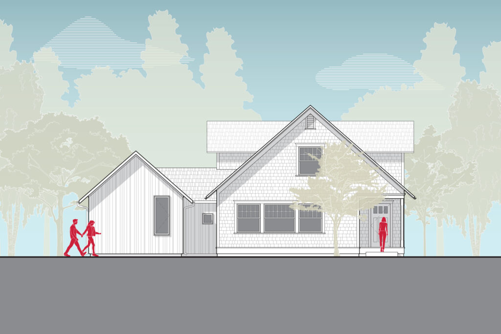 The elevation drawing shows the new primary suite addition next to the existing house.