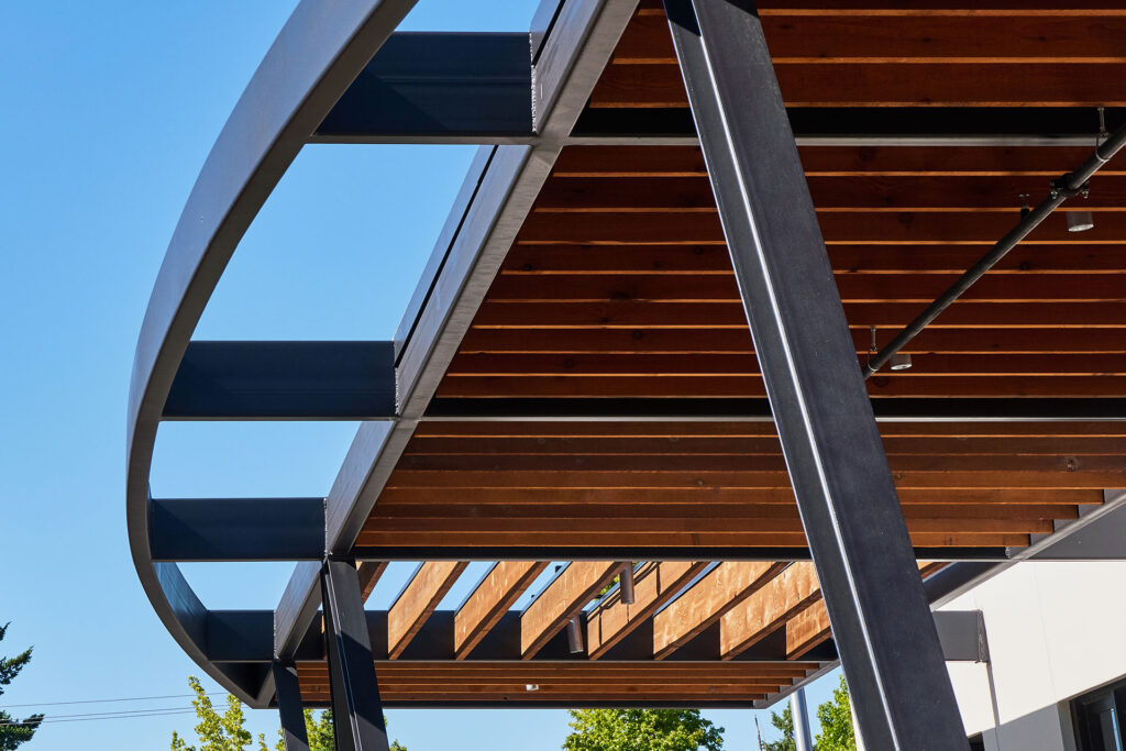 The underside of the new canopy is cedar and steel.