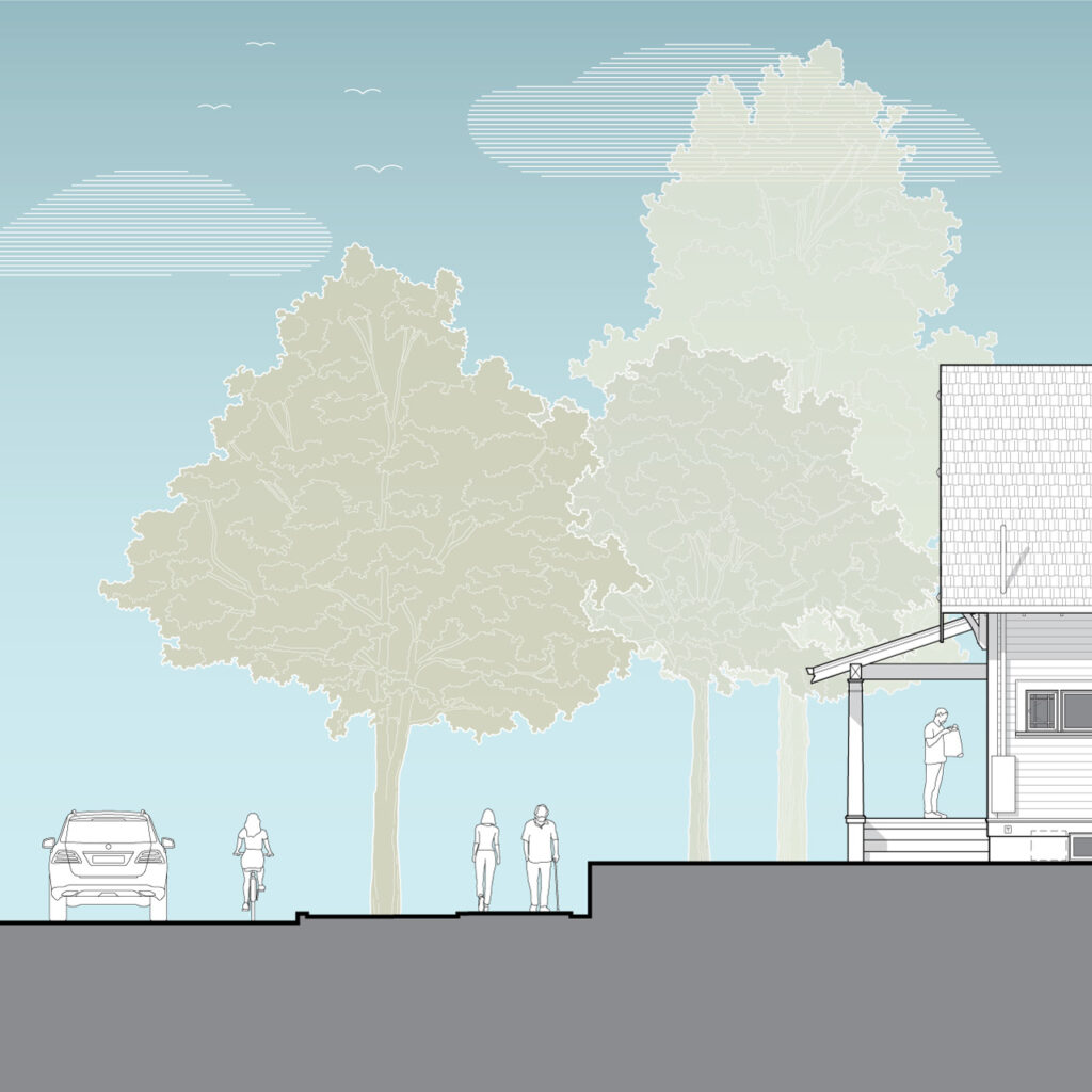 The drawing shows the sidewalks and parking strips in front of a typical house.