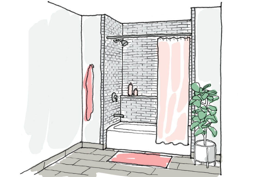 Drawing of an alcove tub, the most common type in the United States.