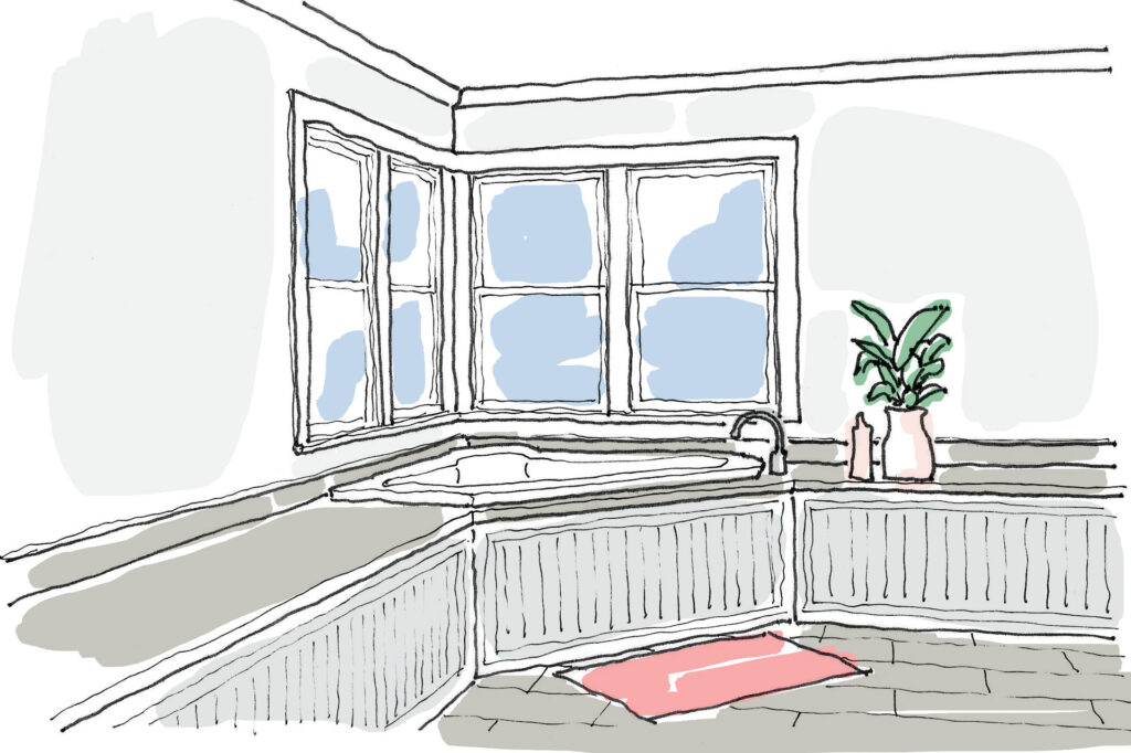 Drawing of a corner tub with windows above.