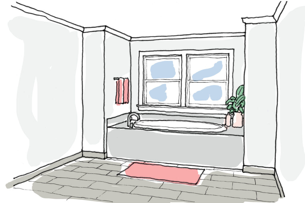 A drawing of a drop-in bathtub in an alcove with windows above.