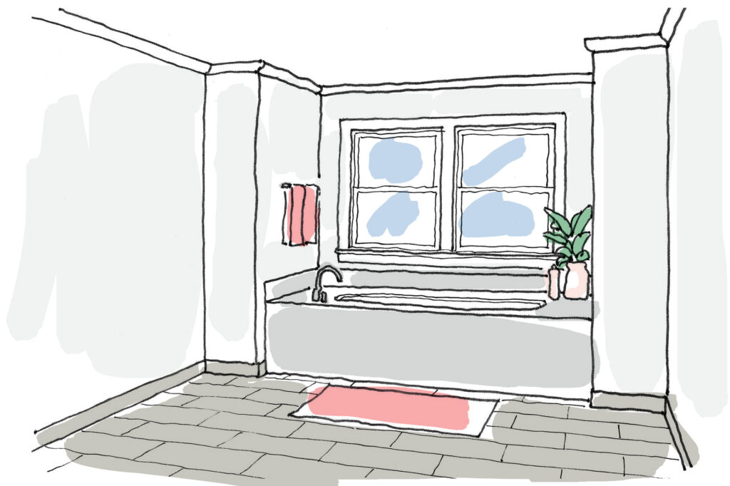 A drawing of an under-mount bathtub in an alcove with windows above.