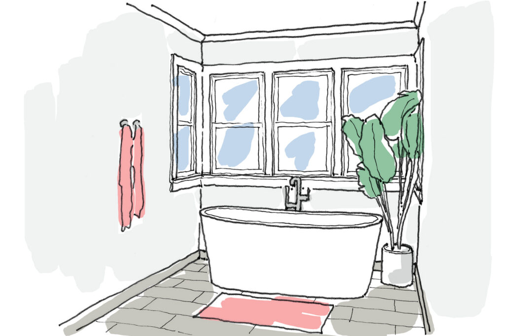 Drawing of a freestanding tub which is a very popular type in a large bathroom.