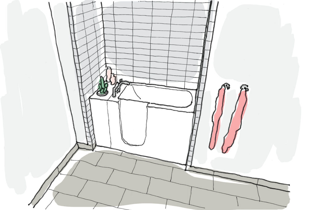 A drawing of a walk-in tub in a tiled alcove.
