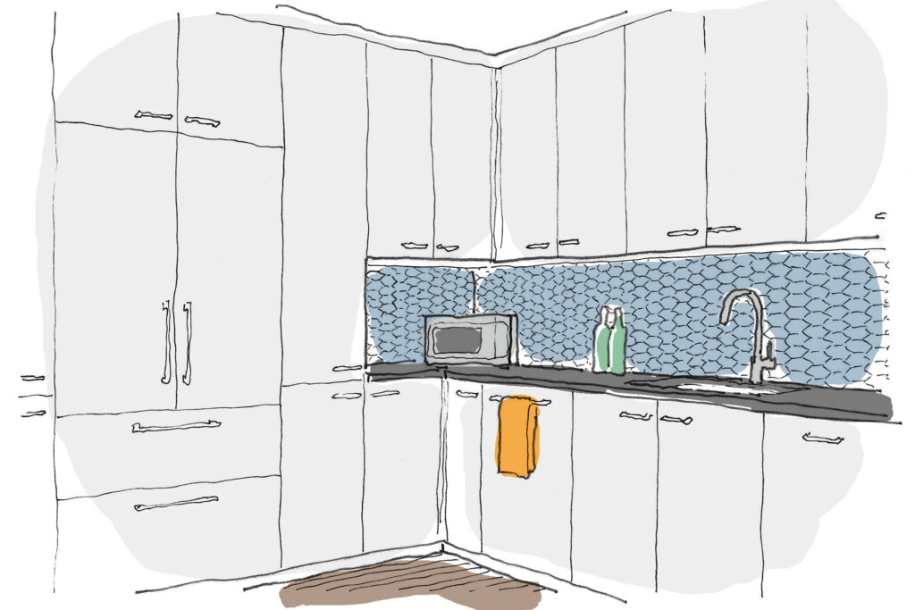Drawing of a kitchen with a countertop microwave.