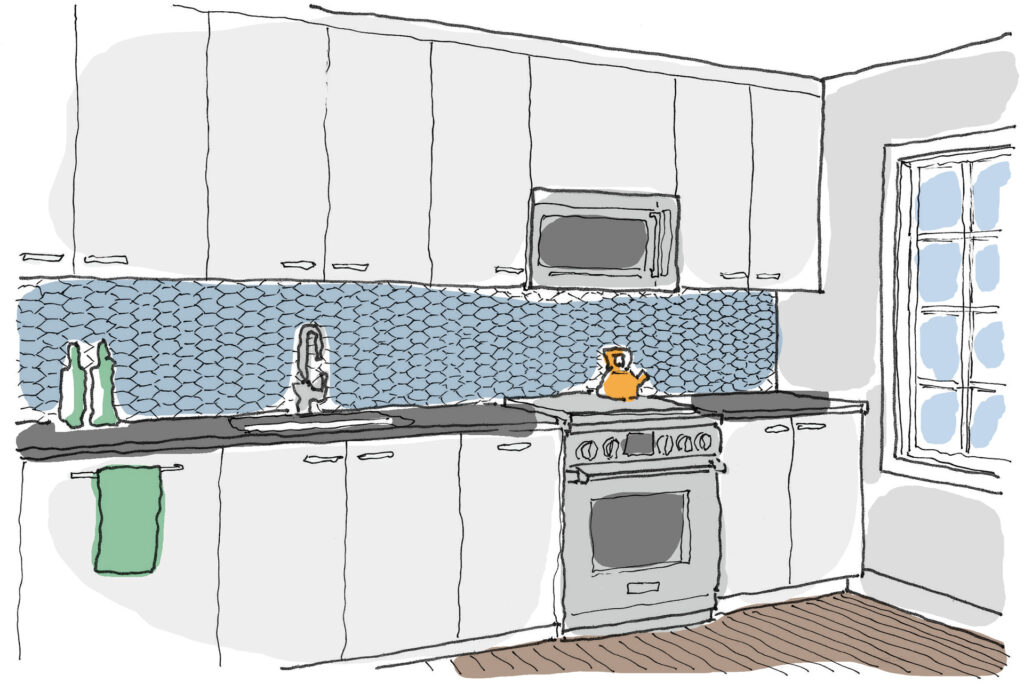 Drawing of a kitchen with a microwave-hood combo.