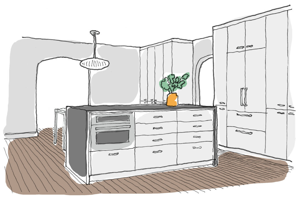 Drawing of a kitchen island with a microwave oven drawer.