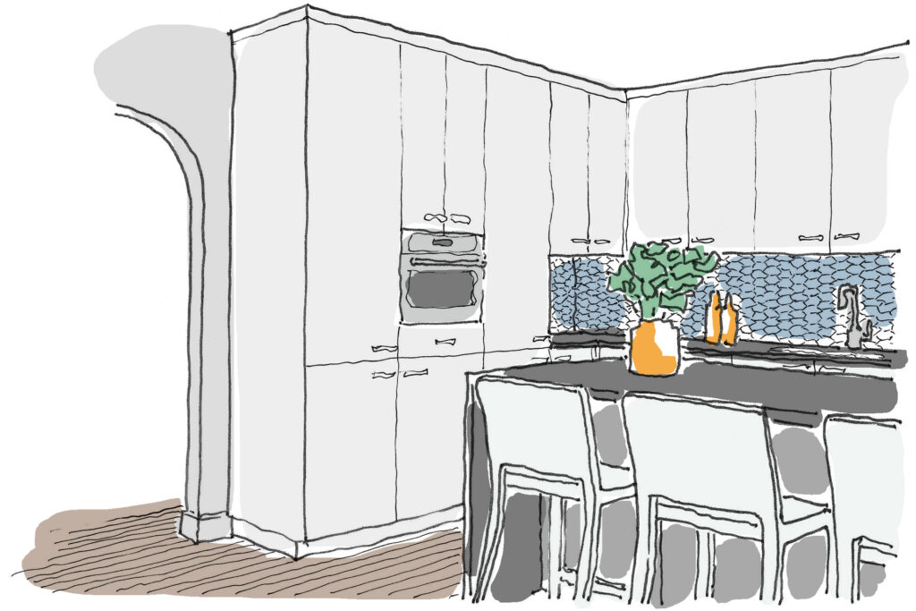 Drawing of a kitchen with a built-in microwave oven.