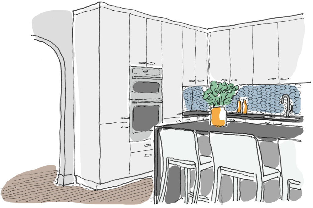 Drawing of a kitchen with a combination wall oven and microwave.