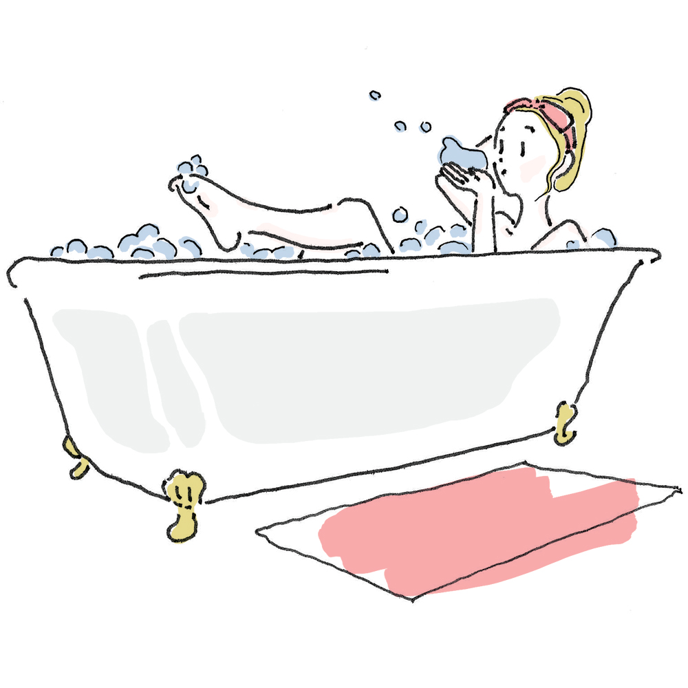 This is a drawing of a clawfoot tub with a girl taking a bubble bath. This is a type of freestanding tub.