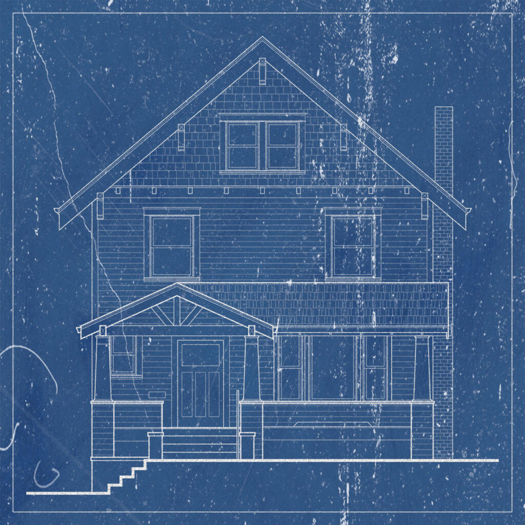 Old blueprint drawing of the front elevation of a house that needs a historic review.