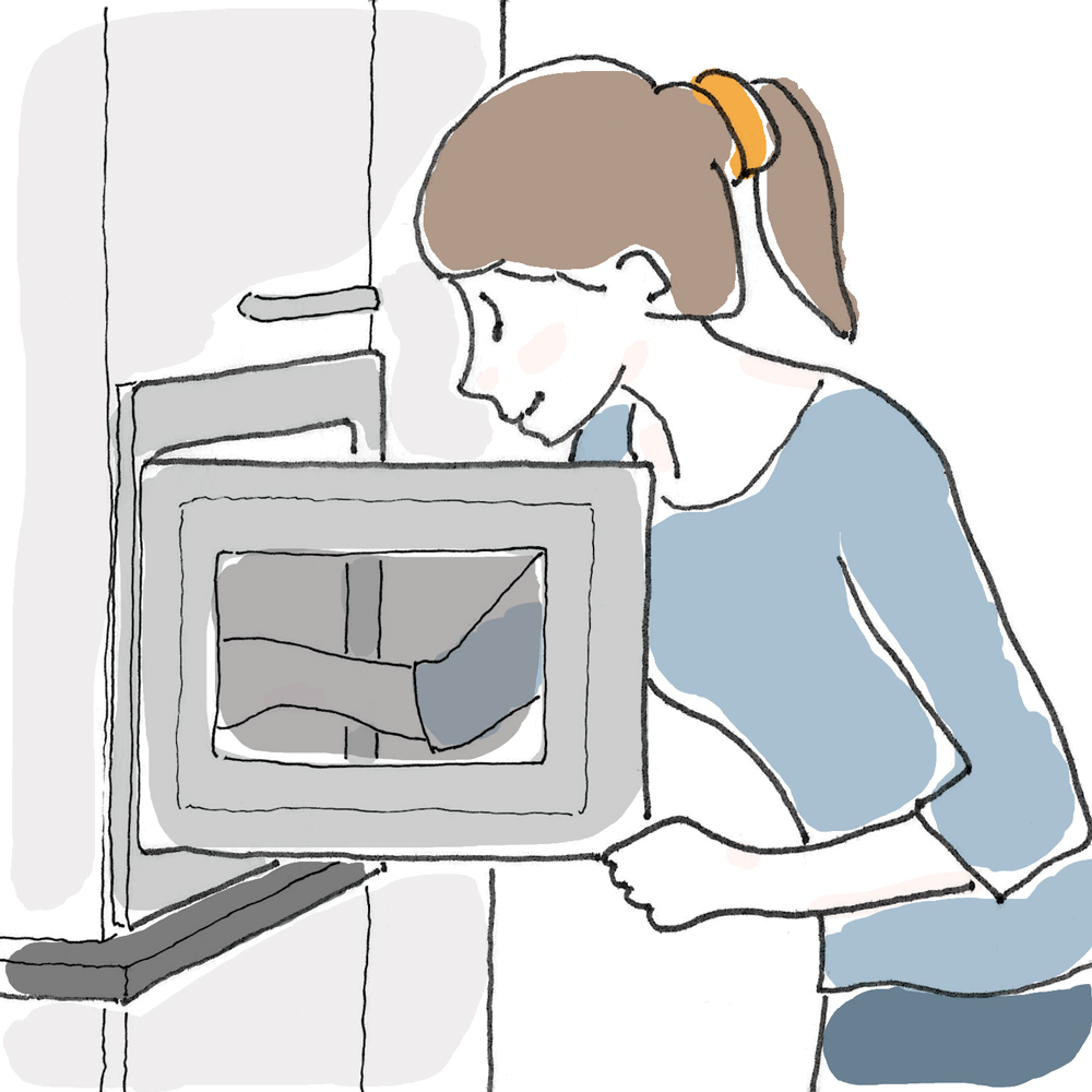 Drawing of a girl with a blue shirt cooking food.