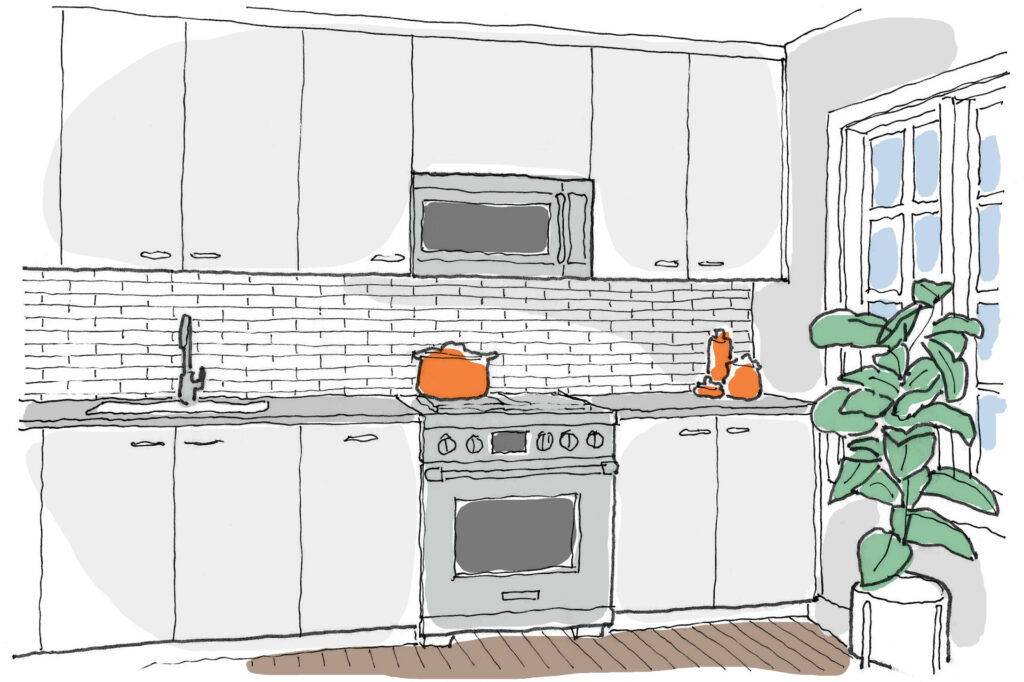Drawing of a microwave-hood combo, a type of kitchen ventilation.