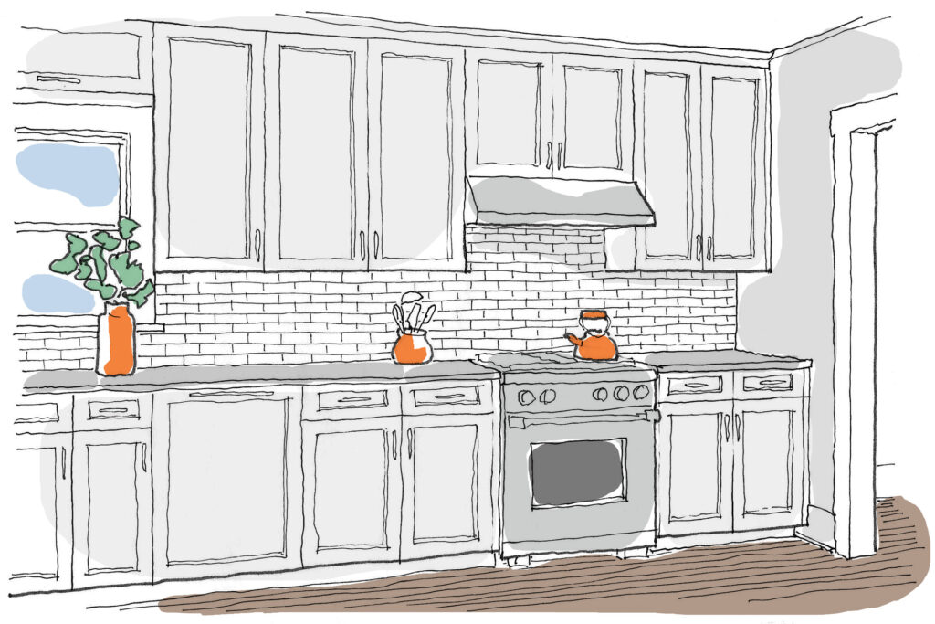 Drawing of an under-cabinet hood, a type of kitchen ventilation.