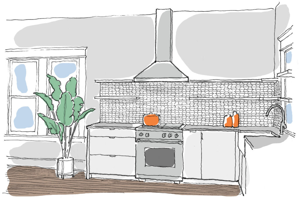Drawing of a wall-mounted hood, a type of kitchen ventilation.
