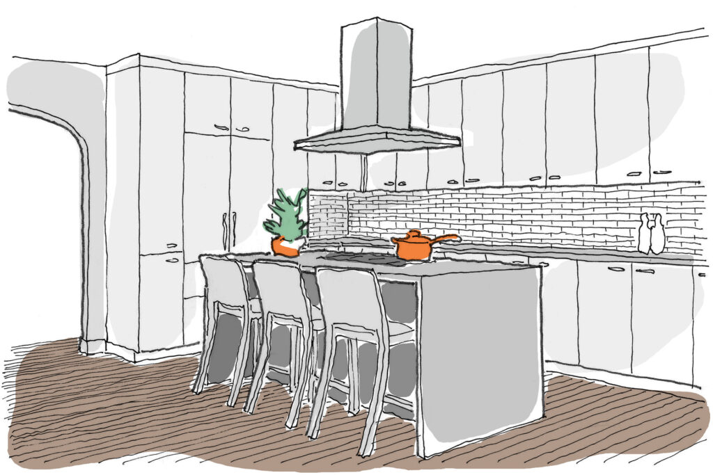 Drawing of an island hood, a type of kitchen ventilation.