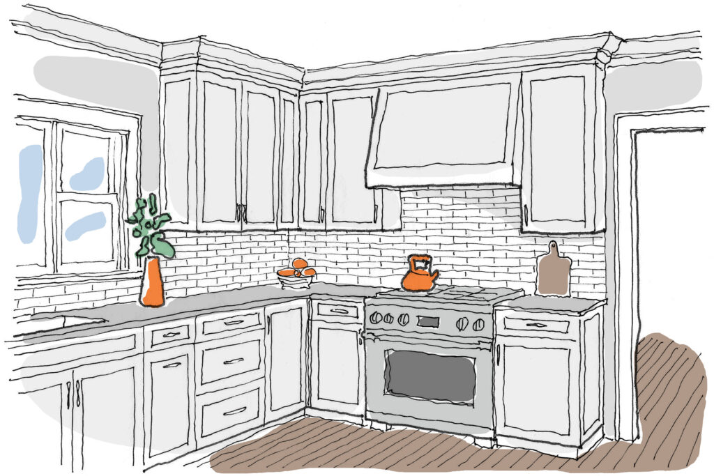 Drawing of a built-in custom hood, a type of kitchen ventilation.