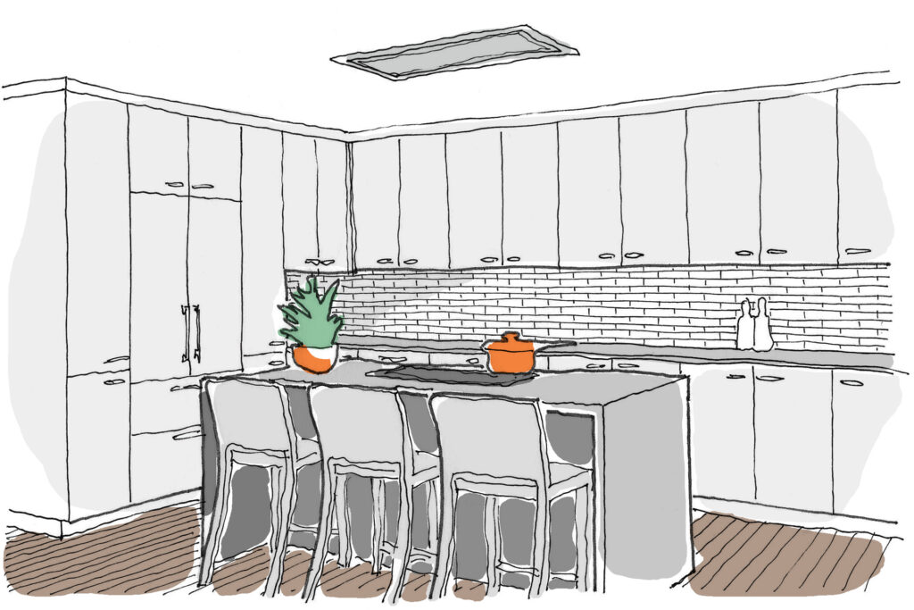 Drawing of an in-ceiling hood, a type of kitchen ventilation.