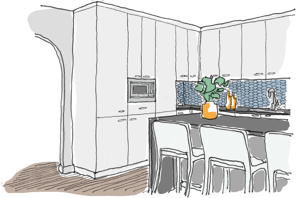 Drawing of a kitchen with a microwave with trim kit.