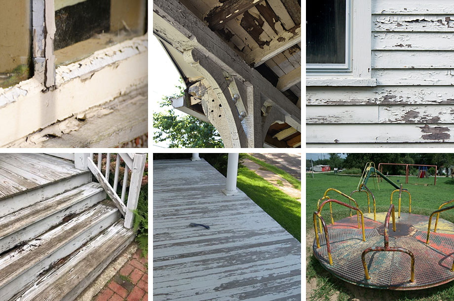 Six images of places on the exterior of a house where you might find lead paint. Window, porch trim and soffit, siding, stairs, porch floor and old playground equipment.