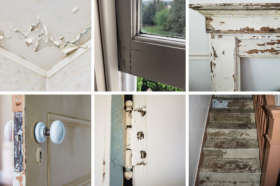 Six images of places on the exterior of a house where you might find lead paint. Ceiling, window, trim, door, hinge and stairs.