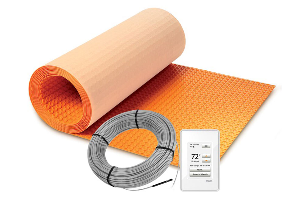 Cable heat system for a heated bathroom floor.