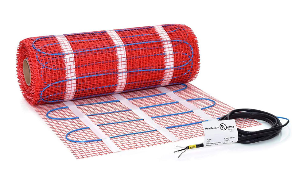 Heat mat system for a heated bathroom floor.