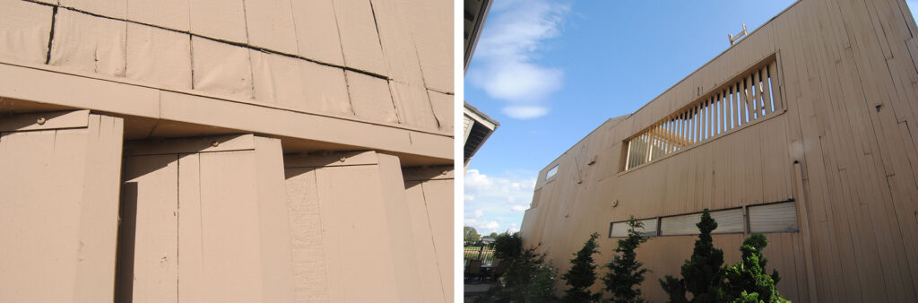 Photos showing rotting siding and cedar screen wall.
