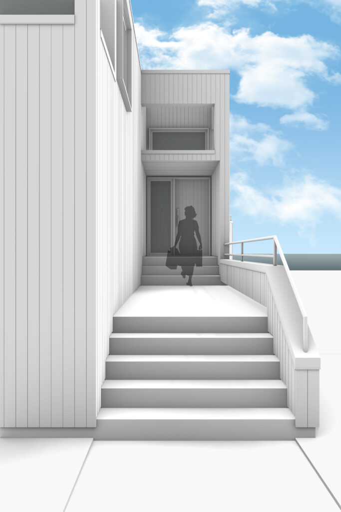 Architectural rendering of the front door of the modern exterior restoration.