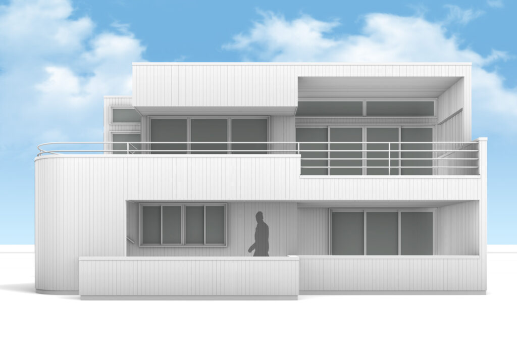 Architectural rendering of the rear elevation of the modern exterior restoration.