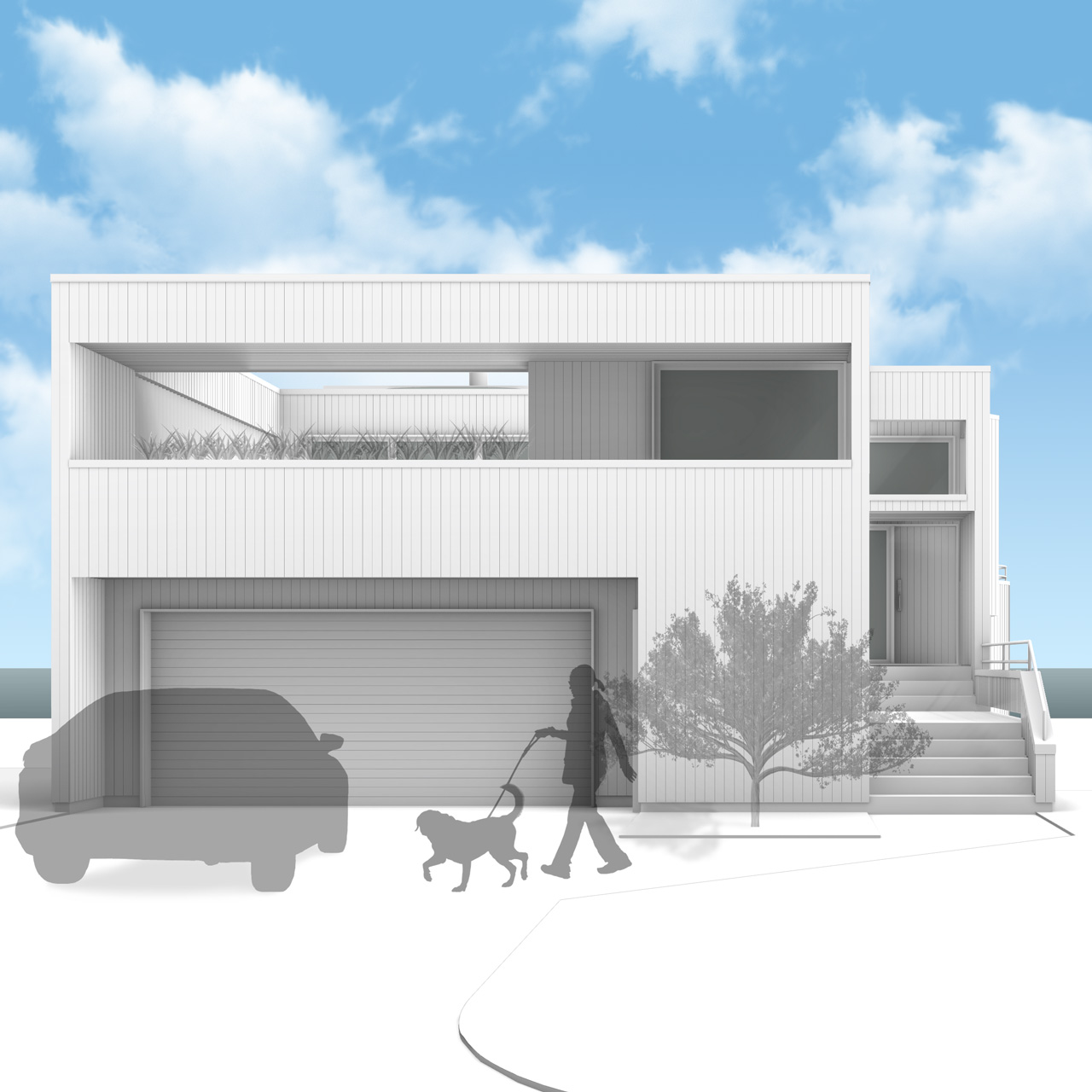 Architectural rendering of the front elevation of the modern exterior restoration.