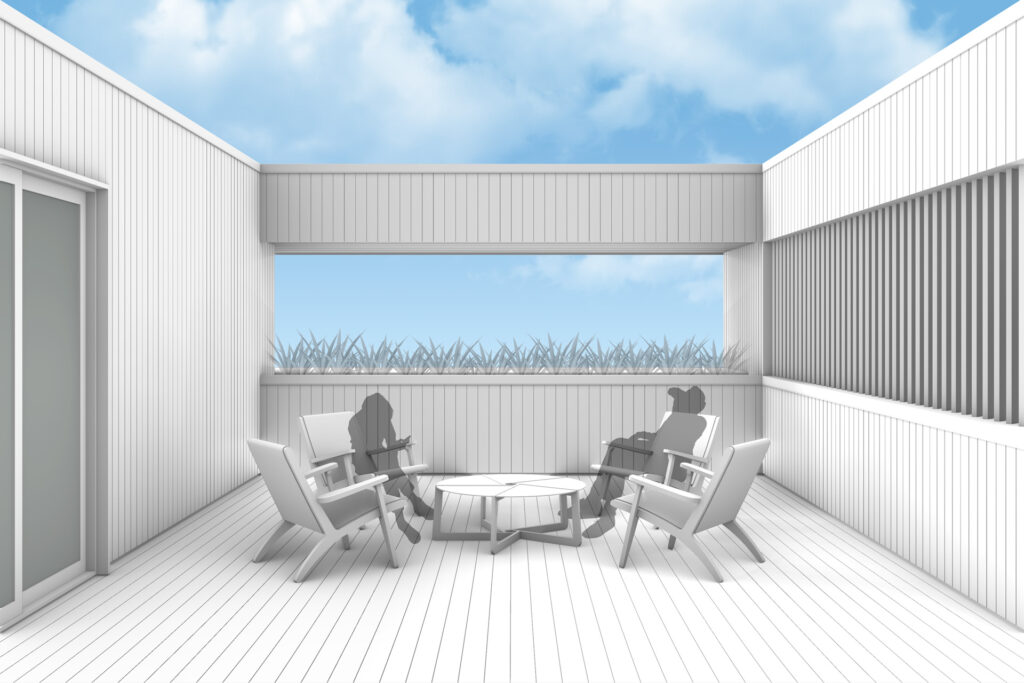 Architectural rendering of the roof deck of the modern exterior restoration.