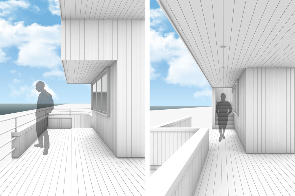 Architectural rendering of the rear decks of the modern exterior restoration.