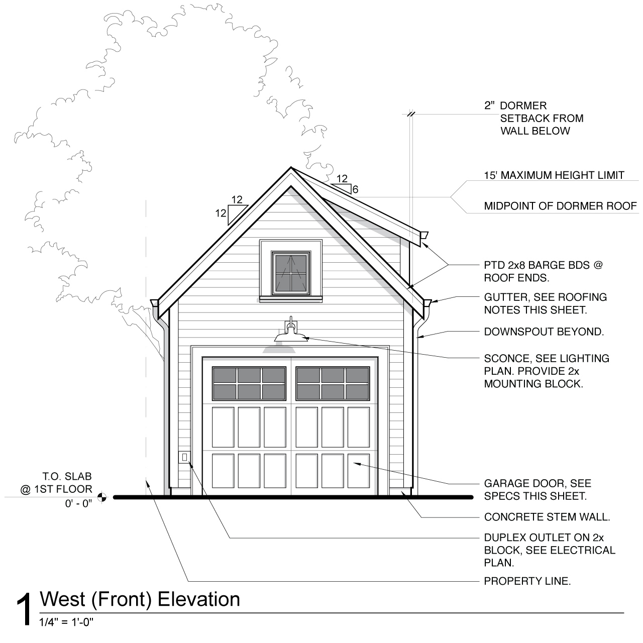 Architectural drawing of the front elevation of the detached garage.